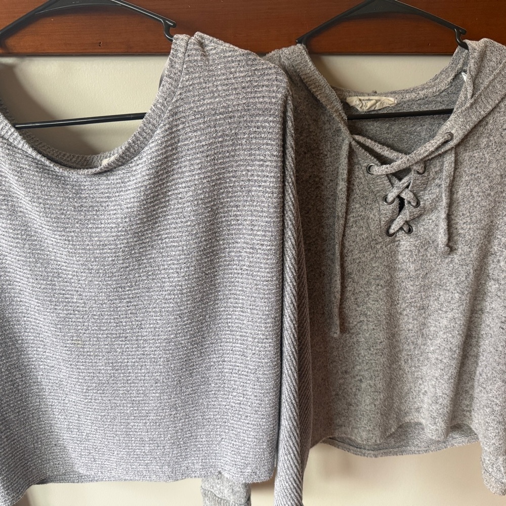 2 different grey light sweater bundle left one is off shoulder
